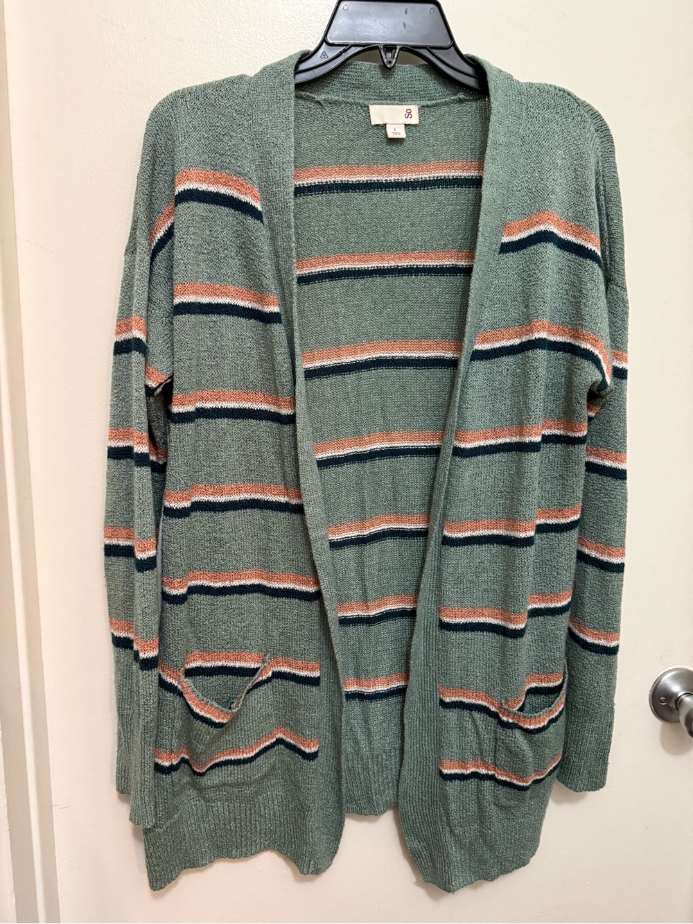 SO Open-Front Striped Cardigan in Sage Green, Pink, and Navy